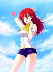  ;p bare_shoulders breasts butter-t cloud heart long_hair navel original petals red_hair redhead scarf short_shorts shorts sky smile solo tongue wink yellow_eyes 