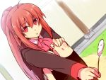  :o ahoge cattail dutch_angle eyes_visible_through_hair grass holding little_busters!! long_hair natsume_rin plant ponytail red_eyes red_hair redhead rough satomi_yoshitaka school_uniform sitting solo 