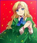  blonde_hair blue_eyes dress hands_clasped ib long_hair mary_(ib) mmm_ss red_background solo 