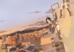  black_hair blazer blue_eyes blush bow cityscape climbing cloud clouds dutch_angle ladder loafers looking_back mountain multiple_girls naro0427 open_mouth original rooftop scenery school_uniform shoes short_hair sitting skirt sky 