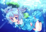  backpack bag blue_eyes blue_hair blush boots bubble hair_bobbles hair_ornament hat hat_removed headwear_removed kajio_(maburo) kawashiro_nitori key midriff open_mouth revision short_hair skirt solo touhou twintails underwater water 