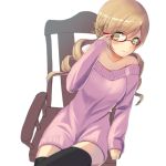  bare_shoulders bespectacled black_legwear blonde_hair blush chair crossed_legs drill_hair glasses hair_ornament highres legs_crossed looking_at_viewer mahou_shoujo_madoka_magica melsy red-framed_glasses semi-rimless_glasses sitting smile solo sweater sweater_dress thigh-highs thighhighs tomoe_mami twin_drills white_background yellow_eyes 