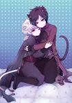  animal_ears black_hair blush boots cat_ears cat_tail closed_eyes dungeon_and_fighter earrings eyes_closed glacial_master hug jewelry male_mage_(dungeon_and_fighter) multiple_boys red_eyes skull smile tail white_hair yaoi 