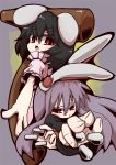  animal_ears black_hair bullet bunny_ears highres inaba_tewi long_hair mallet multiple_girls open_mouth purple_hair rabbit_ears red_eyes reisen_udongein_inaba short_hair simple_background tail touhato touhou 