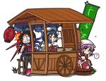  3girls ? ahoge animal_ears apron asymmetrical_wings black_hair black_legwear blue_hair bow bowl chopsticks dishwashing dress food food_stand grass green_eyes handsome_wataru hat head_scarf houjuu_nue lantern lightbulb multiple_girls murasa_minamitsu mystia_lorelei okamisty pink_hair sailor short_hair short_sleeves spit_take spitting stool thigh-highs thighhighs touhou wings yatai yellow_eyes 