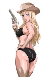  18_(aug1) 1girl ass bikini blonde_hair blue_eyes colt_saa cowboy_hat from_behind gun handgun hat original pistol revolver swimsuit thigh-highs weapon 