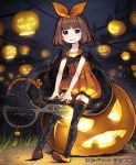  black_legwear blue_eyes bow brown_hair cape garter_straps hair_bow halloween jack-o&#039;-lantern jack-o'-lantern lantern lena_(zoal) night print_legwear pumpkin scissors shingeki_no_bahamut shoes short_hair solo star_print thigh-highs thighhighs 