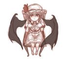  barefoot bat_wings blush dress from_above highres kuro_suto_sukii legs looking_up monochrome red_eyes remilia_scarlet short_hair sitting solo touhou wings 