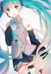  1girl aqua_eyes aqua_hair detached_sleeves funota hand_on_own_chest hatsune_miku headset long_hair nail_polish necktie open_mouth skirt solo thighhighs twintails very_long_hair vocaloid 