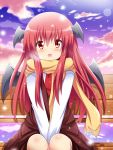  :d blush cloud clouds head_wings koakuma long_hair looking_at_viewer necktie open_mouth red_eyes red_hair redhead scarf shinekalta shirt sitting sky smile snowing solo touhou v_arms white_shirt wings 