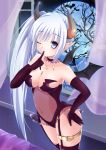  bat belt black_gloves black_legwear blue_eyes breasts cleavage collarbone cross cross_necklace curtains demon_girl demon_horns elbow_gloves finger_to_mouth garter_straps gloves hand_on_hip horns long_hair looking_at_viewer navel original pointy_ears purushupan side_ponytail silver_hair solo succubus thigh-highs thigh_strap thighhighs thighs wings wink 