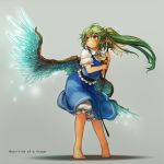  alternate_wings barefoot blue_eyes blush daiyousei feathers feet flower full_body green_hair grey_background holding long_hair looking_up pointy_ears sachito side_ponytail simple_background skirt solo standing tiptoes touhou wind wings 
