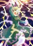  1girl dress ghost_tail green_dress green_eyes green_hair hat japanese_clothes lightning long_sleeves ofuda open_mouth soga_no_tojiko solo tate_eboshi tomobe_kinuko touhou 