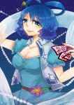  blue_eyes blue_hair breasts cleavage collarbone dress flower hair_rings hair_stick kaku_seiga large_breasts mizuoka ofuda pearl shawl smile solo touhou vest 