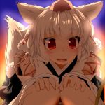  animal_ears bare_shoulders blush detached_sleeves hands_on_knees hat inubashiri_momiji ishikkoro open_mouth red_eyes short_hair silver_hair smile solo squatting tail tokin_hat touhou wolf_ears wolf_tail 