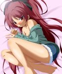  bare_legs bare_shoulders barefoot blush curled_up dr._cryptoso face feet highres long_hair lying mahou_shoujo_madoka_magica mouth_hold off_shoulder on_side open_clothes open_shirt pocky ponytail red_eyes red_hair redhead revision sakura_kyouko shirt shorts solo toes 