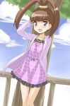  amano_nene blush brown_hair chicago-x cloud clouds digimon digimon_xros_wars dress high_ponytail jewelry necklace purple_eyes sky smile solo split_ponytail tree violet_eyes 