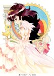  1girl 2002 agahari ahiru_(duck) al_bhed_eyes bird black_hair blue_eyes cog cogs column crown dress drosselmeyer duck frills gears grey_hair grin long_hair pillar princess_kraehe princess_tutu profile red_eyes rue_(princess_tutu) smile spiral_eyes teeth tiara title_drop 