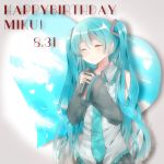  aqua_hair character_name closed_eyes dated detached_sleeves eyes_closed happy_birthday hatsune_miku highres hina long_hair microphone necktie sleeves_past_wrists smile solo twintails very_long_hair vocaloid 