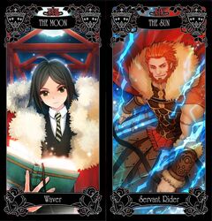  ahoge armor beard black_hair book cape electricity facial_hair fate/zero fate_(series) green_eyes multiple_boys red_eyes red_hair redhead rider_(fate/zero) riki_(elseeker) tarot waver_velvet 