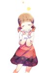  blush brown_hair closed_eyes doujima_nanako dress eyes_closed h2so4 hands_on_own_chest long_hair persona persona_4 simple_background smile solo striped twintails white_background 