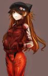  animal_hat badge blue_eyes brown_hair button_badge cat_hat evangelion:_3.0_you_can_(not)_redo eyepatch grey_background hands_in_pockets hat highres long_hair looking_at_viewer neon_genesis_evangelion plugsuit rebuild_of_evangelion rough shikinami_asuka_langley solo soryu_asuka_langley souryuu_asuka_langley taishi_(artist) track_jacket 