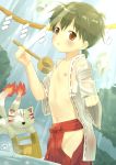  bathing blush brown_eyes brown_hair bucket child hakama japanese_clothes nipples open_clothes open_mouth open_shirt original ponytail short_hair shota wading water waterfall wet yuki_(vicious) 