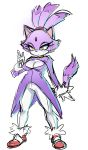  animal_ears blaze_the_cat breasts cat_ears cat_tail cleavage forehead_jewel fur_trim furry gloves high_ponytail highres long_hair maniacpaint purple_hair shoes sneakers solo sonic_(series) tail yellow_eyes 