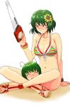  antennae between_thighs bikini blush breasts closed_eyes eyes_closed feet flower front-tie_top green_hair grin hair_flower hair_ornament hairpin headlock indian_style kazami_yuuka multicolored_stripes multiple_girls navel red_eyes revision sandals saw sitting smile sunflower swimsuit swimsuit_under_swimsuit tears toenail_polish touhou tsurui wriggle_nightbug 