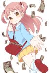  :q bag blush brown_eyes child hair_bobbles hair_ornament handbag highres kindergarten_uniform looking_at_viewer loose_socks mikane_sebiri money muku-coffee original outstretched_hand pink_hair shoes skirt smile socks solo tongue twintails two_side_up white_background yen 