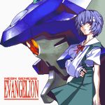  90s ayanami_rei bandage bandages blue_hair cast lowres mecha neon_genesis_evangelion oekaki oldschool red_eyes school_uniform science_fiction short_hair solo 