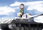  1girl blonde_hair blue_eyes blush clouds cup drink girls_und_panzer hat highres jacket katyusha kv-1 kv-1s military military_uniform military_vehicle open_mouth scarf school_uniform short_hair skirt sky solo spirytus_tarou tank uniform vehicle 