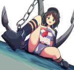  1girl anchor belt black_hair boots cape chain gloves green_eyes hansode32 hat highres murasa_minamitsu neckerchief open_mouth sailor_collar sailor_hat short_hair short_sleeves shorts simple_background smile solo thighs touhou water white_background 