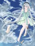  closed_eyes cloud eyes_closed feet hair_bow headphones highres no_shoes okingjo original reflection shoe_dangle silver_hair single_shoe sky thighhighs toes water 