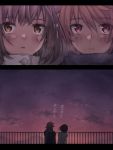  1girl 2koma blush brown_eyes brown_hair cloud clouds coat comic couple from_behind imomu original pink_eyes railing scarf short_hair sky translated translation_request 