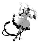  animal_ears bow cat_ears cat_tail chikage_(kinokodou) dress fang hair_bow kaenbyou_rin long_sleeves monochrome multiple_tails nail open_mouth puffy_long_sleeves puffy_sleeves ribbon skull slit_pupils smile solo tail touhou 