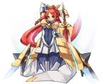  armor armored_dress blazblue blazblue:_chrono_phantasma breasts citolo clothed_navel detached_sleeves faulds hair_ornament hair_tubes izayoi_(blazblue) large_breasts long_hair ponytail red_hair redhead skin_tight solo sword weapon white_background 