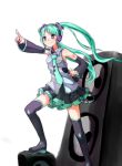  boots detached_sleeves green_hair hatsune_miku headset highres long_hair microphone necktie pointing skirt smile sokuseki_ramen solo speaker thigh-highs thigh_boots thighhighs twintails very_long_hair vocaloid white_background 