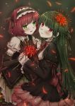  blush detached_sleeves dress flower gothic_lolita green_eyes green_hair hair_flower hair_ornament highres imomu lolita_fashion lolita_hairband long_hair looking_at_another multiple_girls original petals red_eyes red_hair redhead ribbon short_hair smile yuri 