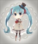  1girl aqua_hair belt blue_eyes boots bow chibi dress elbow_gloves ennui_heiwa_miku gloves hair_ribbon hat hatsune_miku knee_boots long_hair mini_top_hat pantyhose ribbon solo top_hat twintails very_long_hair vocaloid yuya_kyoro 