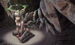  1girl all_fours android ass bare_shoulders between_legs breasts cleavage copyright_request cyborg green_eyes halo hand_between_legs kneeling lips multiple_wings short_hair solo white_hair wings yamai_chuu 