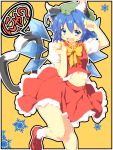  animal_ears blue_eyes blue_hair bow cat_ears cat_tail chen chen_(cosplay) cirno fang frame haruyonoto hat highres kemonomimi_mode looking_at_viewer midriff multiple_tails open_mouth paw_pose puffy_sleeves shirt short_hair short_sleeves skirt skirt_set smile solo tail touhou wings 