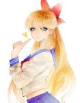  aino_minako bishoujo_senshi_sailor_moon blonde_hair blue_eyes bow funpjinju hair_bow half_updo long_hair pointing school_uniform serafuku smile solo venus_symbol white_background 