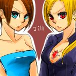  amulet blonde_hair blue_eyes bodysuit breasts brown_hair cleavage daikon_(chiue0424) dress dual_persona jill_valentine multiple_girls ponytail red_eyes resident_evil resident_evil_3 resident_evil_5 short_hair strapless_dress 