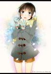  blue_eyes blush brown_hair coat earmuffs gloves open_mouth original scarf shorts sino_(sionori) 