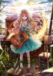  akabane akabane_(zebrasmise) ankle_cuffs ankle_lace-up apple barefoot blonde_hair blue_eyes braid chair choker collarbone cross-laced_footwear dagger dress flower food fruit guitar highres instrument light_smile long_hair original piano pigeon-toed revision side_braid solo star_print wavy_hair weapon wine 