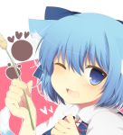  animal_ears ari_suzushi blue_dress blue_eyes blue_hair blush bow bust cat_ears cat_tail cat_teaser cirno dress face fang hair_bow heart kemonomimi_mode looking_at_viewer open_mouth paw_print smile solo tail touhou wink 