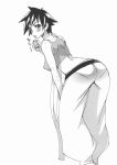  artist_request ass bent_over blush breasts dougi from_behind highres juice_box large_breasts looking_back makoto monochrome pants pantylines scarf short_hair solo spiked_hair spikey_hair sports_bra street_fighter street_fighter_iii street_fighter_iii:_3rd_strike sweat tomboy 