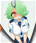  bioroid_hei blush breast_squeeze breasts dual_wielding eyepatch gloves green_hair hair_ornament hair_over_one_eye impossible_clothes impossible_shirt large_breasts looking_at_viewer looking_up necktie open_mouth orange_eyes otonashi_kiruko police police_uniform policewoman ringed_eyes shinmai_fukei_kiruko-san short_hair simple_background skirt smile solo tonfa uniform wavy_mouth weapon yellow_eyes 