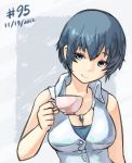  blue_hair breasts casual cleavage cup dated jewelry junkpuyo large_breasts necklace persona persona_4 shirogane_naoto short_hair solo teacup 